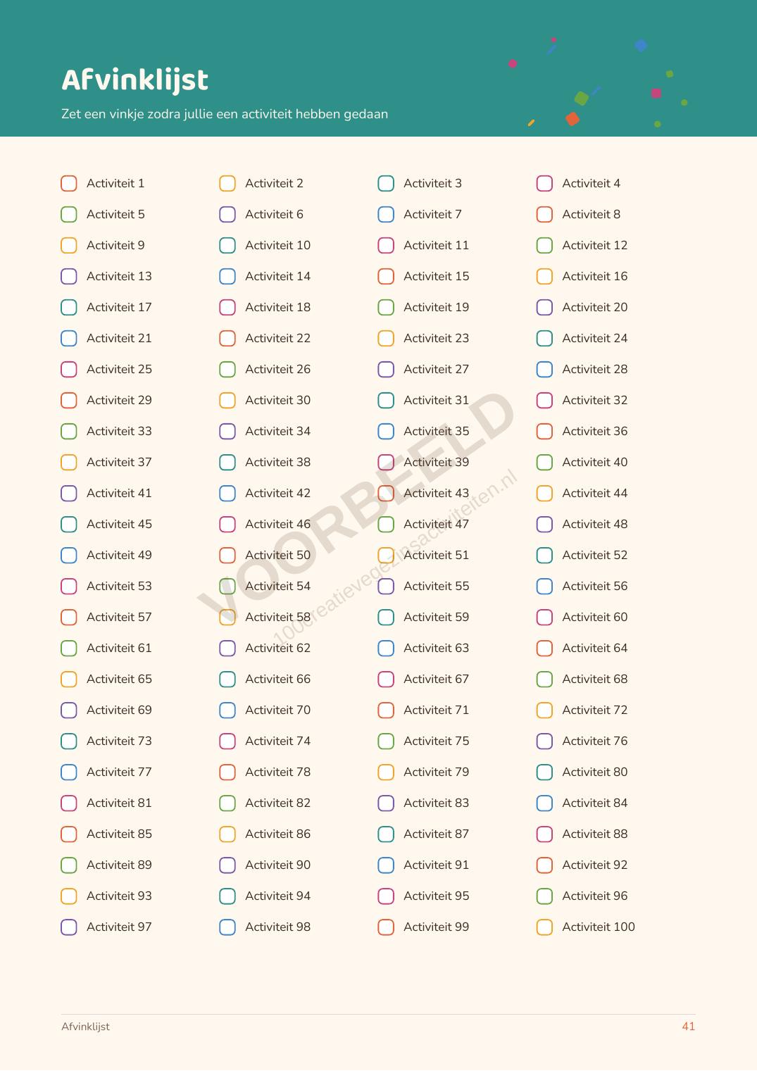 Afvinklijst om alle 100 activiteiten bij te houden