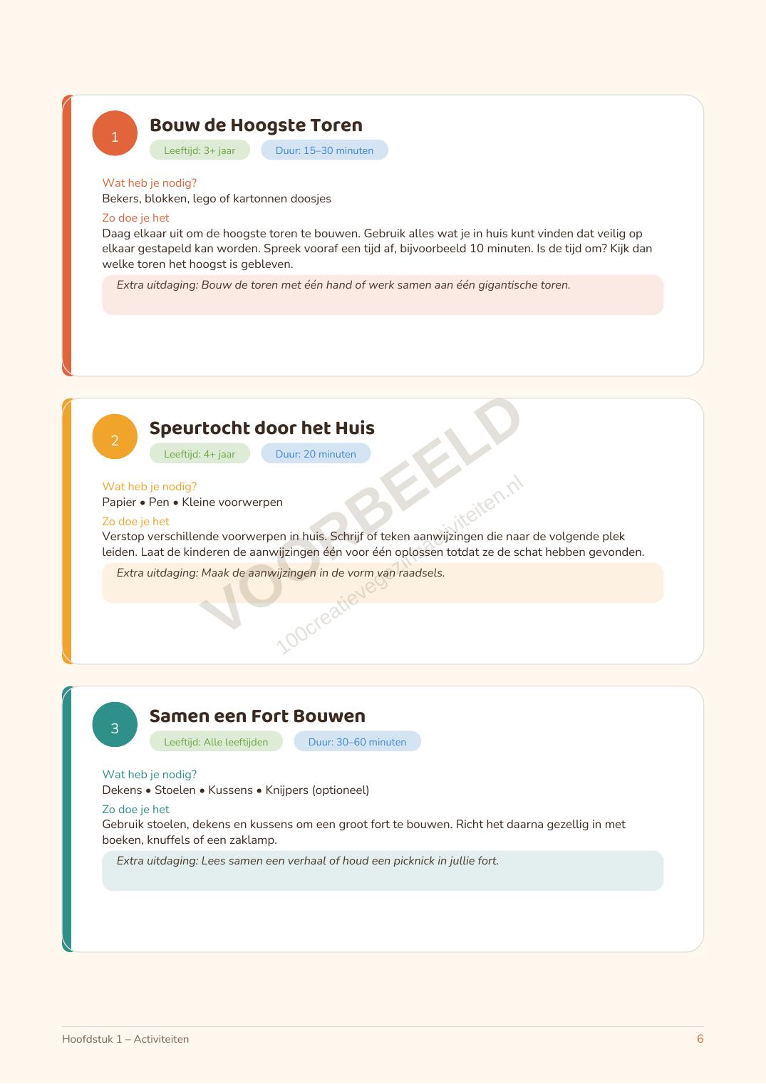 Voorbeeldpagina met drie activiteiten inclusief materialen en uitleg